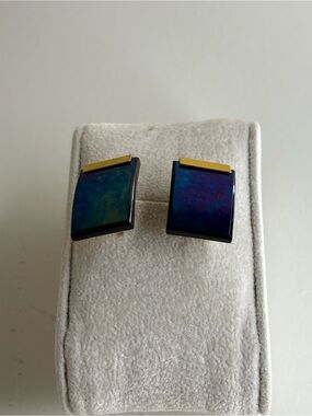 Vintage Iridescent Statement Earrings Blue Purple Gold Clip On